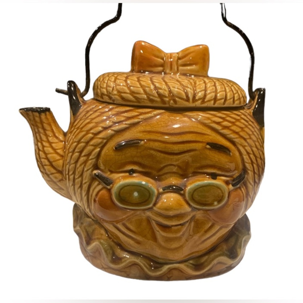 Vintage Teapot Jolly Whimsical Grandma Shape Ceramic Metal Handle Japan